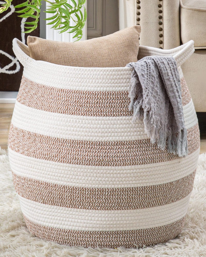KAKAMAY Woven Baskets for Storage(17""x17"") Large Cotton Rope Woven Baby Laundry Hamper Collapsible Laundry Basket  Blanket Basket for Organizing Living Room Nursery Pillows Toy Chest(Rose) - Image 1